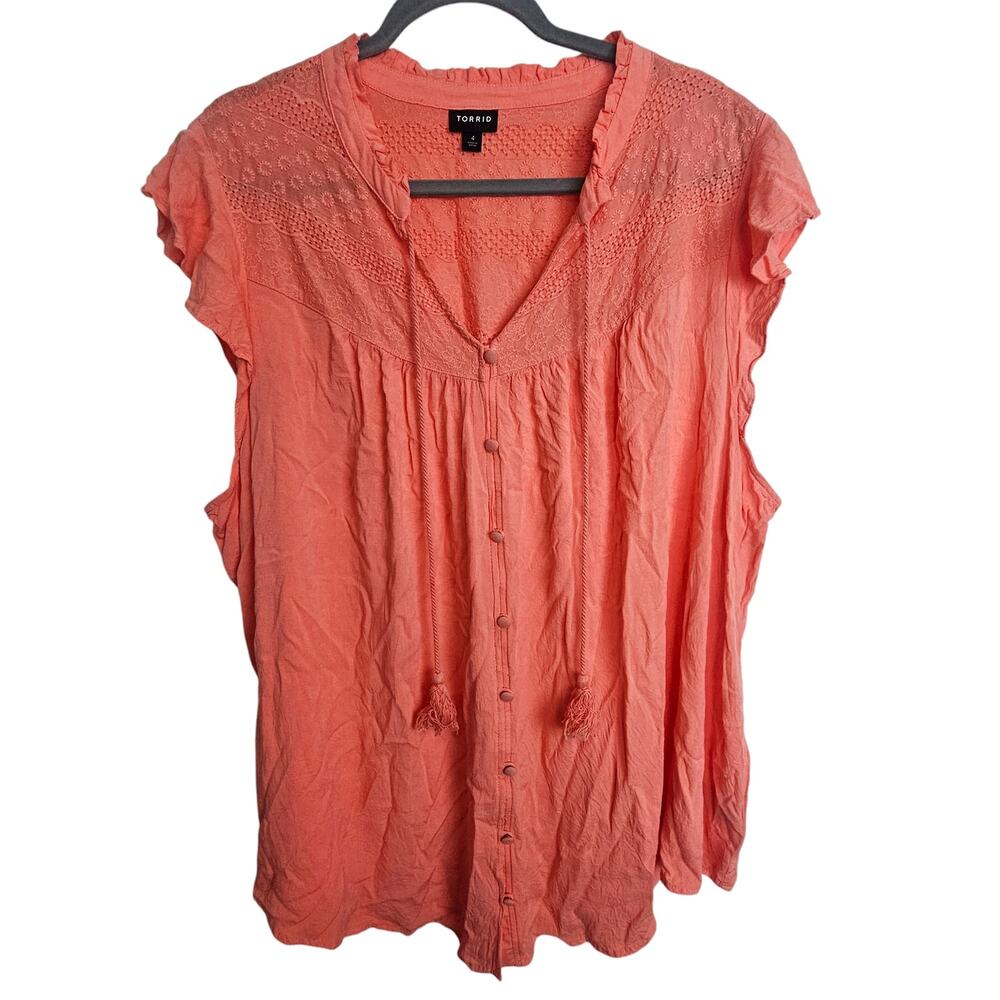 Torrid Womens Embroidered Tunic Top Plus Size 4X Tasseled Boho Cottage Peasant